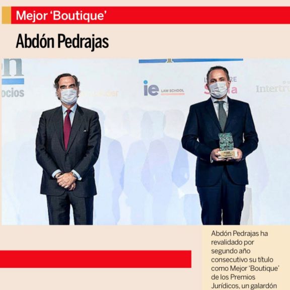 ABDÓN PEDRAJAS PREMIADA NUEVAMENTE COMO MEJOR BOUTIQUE LEGAL DE ESPAÑA EN LA V EDICIÓN DE LOS PREMIOS JURÍDICOS EXPANSIÓN.