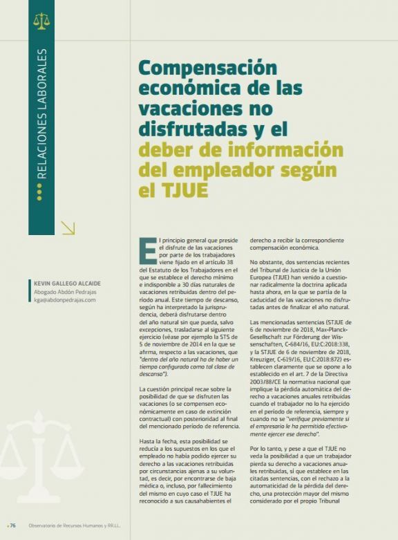 Compensación económica de las vacaciones no disfrutadas y el deber de información del empleador según el TJUE