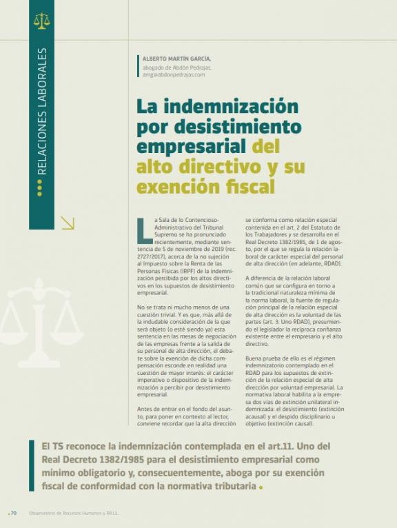 La indemnización por desistimiento empresarial del alto directivo y su exención fiscal