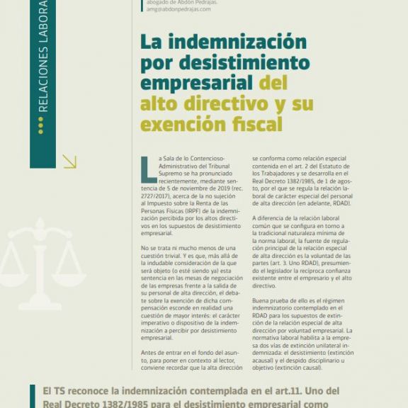 La indemnización por desistimiento empresarial del alto directivo y su exención fiscal