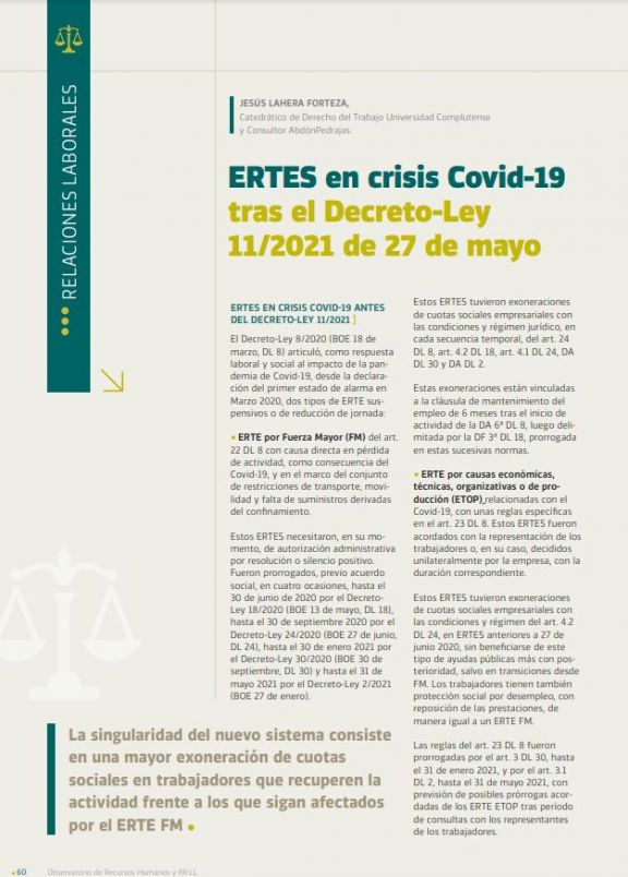 ERTES en crisis Covid-19 tras el Decreto-Ley 11/2021 de 27 de mayo