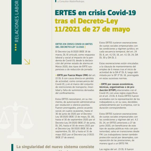 ERTES en crisis Covid-19 tras el Decreto-Ley 11/2021 de 27 de mayo